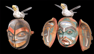 Called a transformation mask, this complex artwork opens (right) to reveal another self. Worn by Kwakwaka’waku dancers in British Columbia Kwakwaka’wakw (Kwakiutl) mask, circa 1880. Red cedar, paint, hide, iron nails, twine. Cape Mudge, Vancouver Island, British Columbia, Canada.
