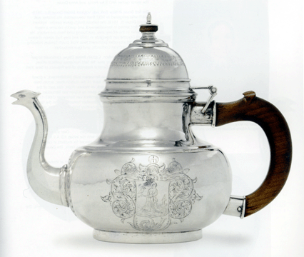 Heading more than 40 lots of New York silver consigned by the Darling Foundation was this Tobias Stoutenburgh teapot. Bid to $352,000 ($150/250,000) by a collector, the teapot was made circa 1730 for Captain Petrus Douw and his wife, Anna van Rensselaer, of Wolvenhoeck, N.Y., across the Hudson River from Albany. The Douw coat-of-arms also appears on a Jacob Ten Eyck cann at The Metropolitan Museum of Art.