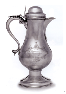 Described by authority Patricia Kane as the "finest extant example of Salem silver,” this baluster-shaped flagon of 1769 returned to Salem, acquired by the Peabody Essex Museum for $102,000 ($80/120,000).