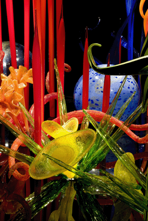 For an exhibition at the de Young Museum in San Francisco, Chihuly created large millefiori platforms. Rising like exotic landscapes, they are futuristic yet couched in the finest traditions of glassmaking, 2008, 9½ by 56 by 12 feet. ⁔eresa Nouri Rishel photo