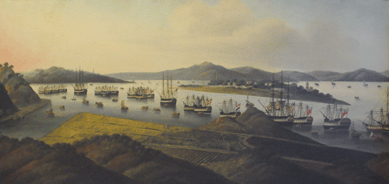 The early Nineteenth Century Chinese School painting "Anchorage at Whampoa,†measuring a hefty 25 by 61 inches, depicts a port filled with more than 20 American and English vessels. It more than doubled estimate, realizing $102,000.