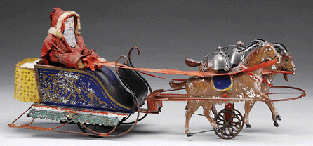 An exceedingly rare and desirable clockwork Santa and sleigh with goats by Althof Bergmann, one of three known examples, sold to a bidder in the auction hall for $161,000. The price realized makes it the most expensive American tin toy sold in the last 15 or so years, according to the auction house.