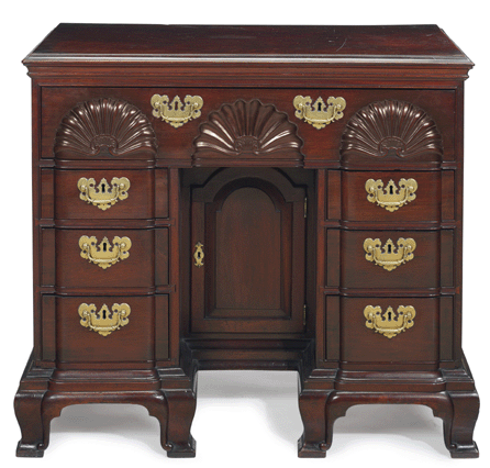 Inflation or appreciation? If you have to ask, it probably does not matter. Underbid by G.W. Samaha, Pennsylvania dealer Todd Prickett bought this iconic Newport block and shell carved bureau table (or kneehole desk, as it used to be called) for $5,682,500, a record for the form and the fourth highest price at auction for American furniture. That is six times what Sotheby's got for the same bureau table six years ago, when it sold to a Midwest collector for $940,000. The piece was probably made around 1765 by John Goddard for his daughter, Catherine. It descended in the Goddard family before being acquired by Newport antiques dealer George E. Vernon, who sold it to John Nicholas Brown of Providence, R.I.