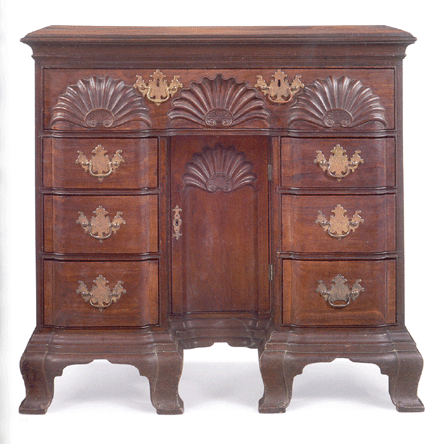 This previously unknown Newport Chippendale mahogany block-and-shell carved bureau table that descended in the Pell family of Rhode Island turned up recently in a Manhattan apartment, not far from the Metropolitan Museum of Art, site of the last major exhibition of Townsend-Goddard furniture, "John Townsend: Newport Cabinetmaker,†in 2005. Experts are still working out the graphite inscriptions found on the underside of its top drawer. The piece appears to be signed by Jonathan Townsend, John Townsend's younger brother, and dated 1767. Estimated at $600/900,000, the case piece, which retains its dry, old surface and original brasses but, according to Christie's, had minor restoration to the feet, left the room at $2,546,500. "Certainly new research will have to be done, but I suspect Jonathan made the case, and John carved the shells. If our math is correct, Jonathan would have likely finished his apprenticeship in 1767,†says Andrew Holter, head of Christie's American furniture and folk art department.