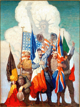 Newell Convers Wyeth, "The Victorious Allies,†1919, cover illustration for The Red Cross Magazine, March 1919, oil on canvas, 51½ by 40½ inches framed, Delaware Art Museum, gift of The Bank of Delaware, 1989.