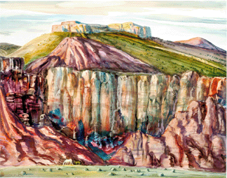 Peter Hurd, "Rock Formations, 1946, watercolor on paper mounted on board, 35¾ by 28½ inches framed, Delaware Art Museum, gift of the Esso Standard Oil Co., 1951. ©Estate of Peter Hurd.