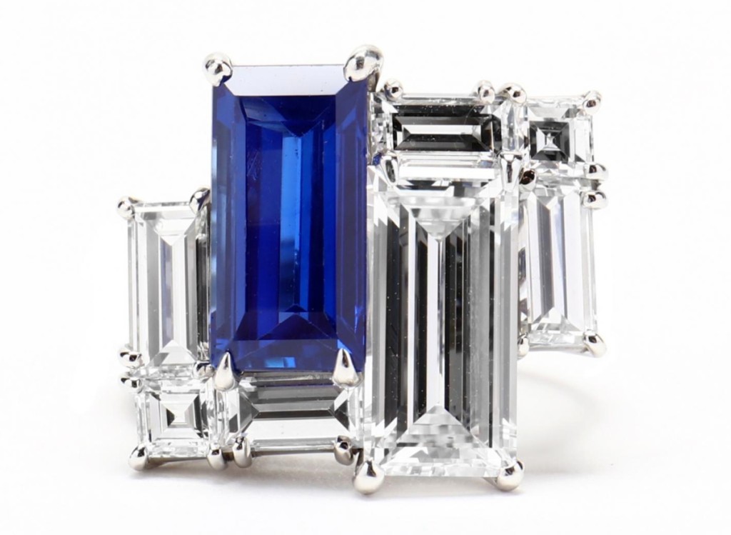A high-quality Kashmir sapphire and diamond had ten people bidding through the high five figures, and then two continued bidding until the ring, estimated at $40/60,000, sold at $153,400.