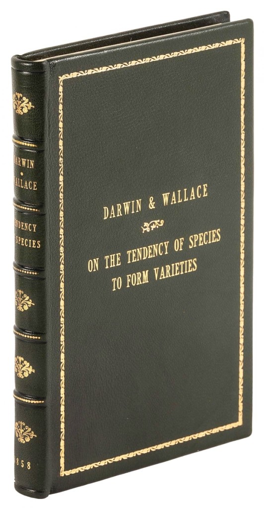 Fetching $18,000 was On the Tendency of Species to Form Varieties…, 1859, three papers by Charles Darwin and Alfred Russel Wallace, the first publication of the Darwin’s groundbreaking theory of evolution and natural selection.