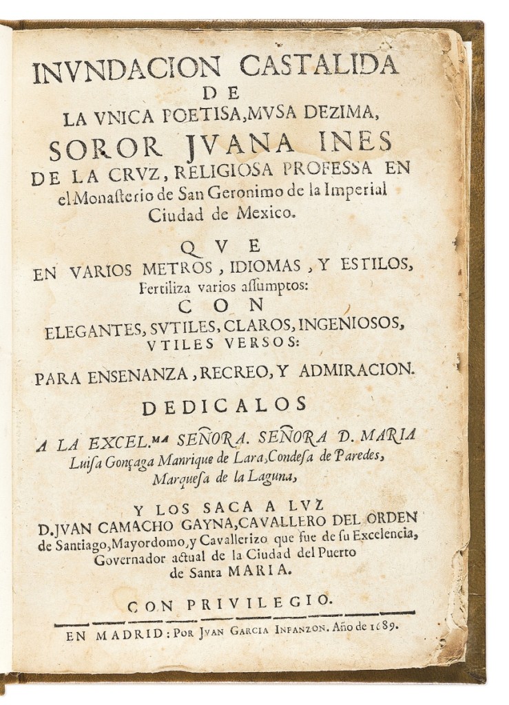 A complete set of the collected works of Mexican nun Juana Ines de la Cruz (1648-1695), 1689, 1693, 1701, was bid to $50,000.
