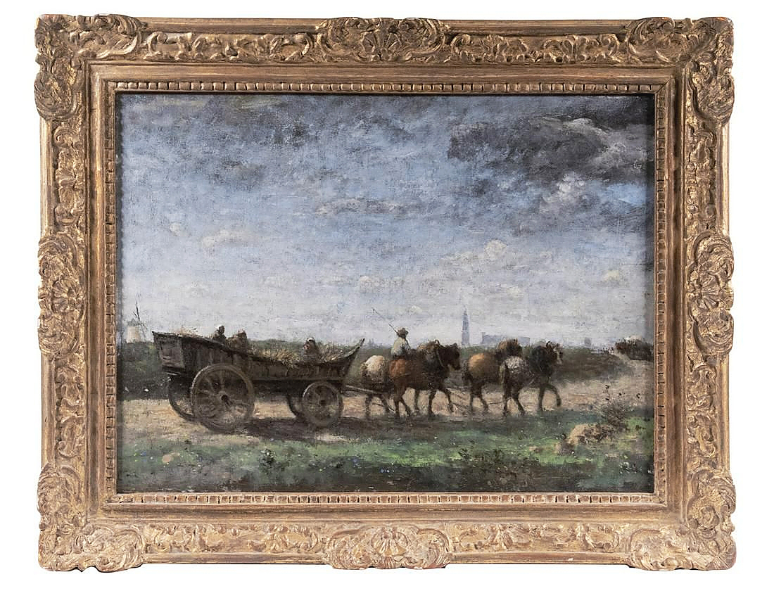 Sold at Auction: LANDSCAPE ON LEATHER - Painting in with gold
